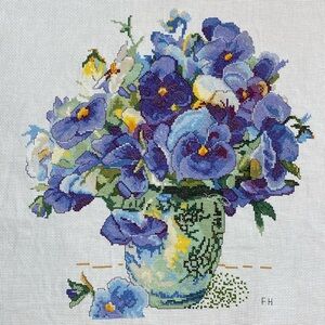 Large Purple Pansies Completed Cross Stitch Art‎